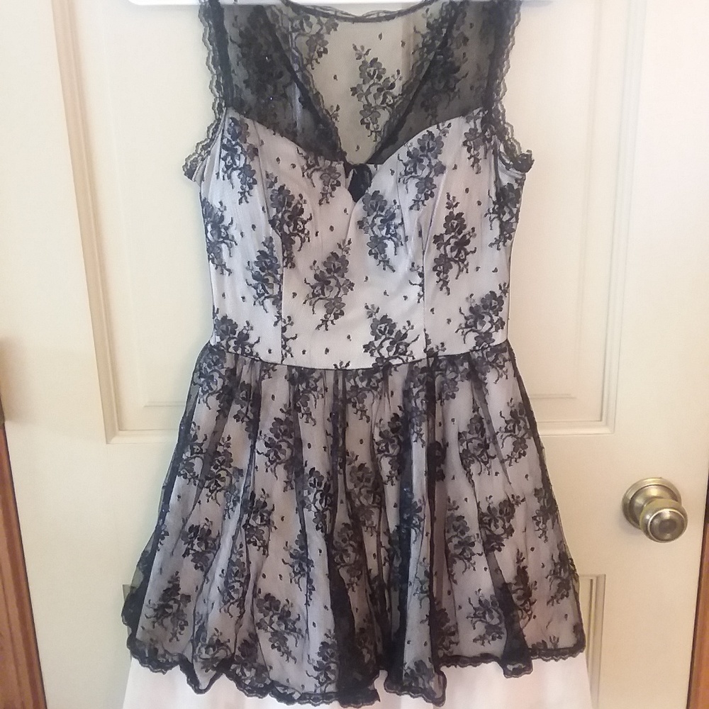 Nude Dress with Black Lace Overlay